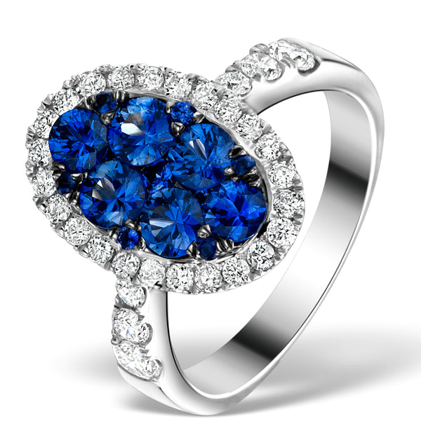 0.74ct Diamond 1.55ct Sapphire and 18K White Gold Cluster Ring